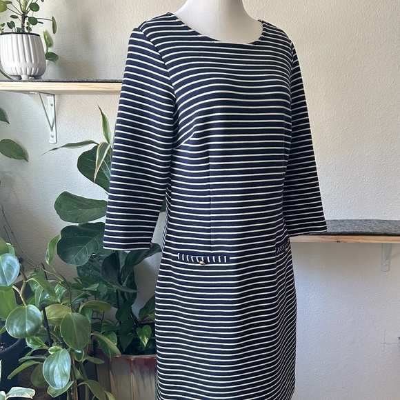 New Talbots White Navy Straps 79%Cotton 16% Polyester Long Sleeve Dress size 8P - Picture 5 of 12